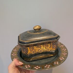 Vintage Gold and Gray Decorative Box with Plate